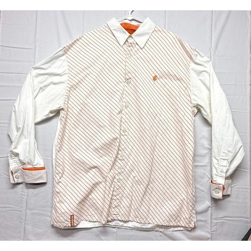Rocawear Shirt Mens 2XL Orange White Striped 100% Cotton Travel Casual Button Up